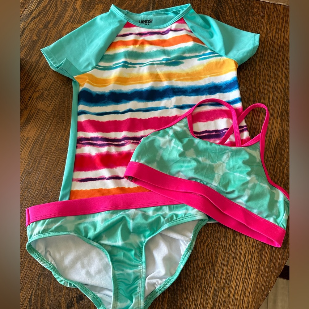 Lands' End Girls' Aqua & Multi Stripe 3-Piece Swim Set
